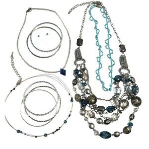 Multi-Layered Necklace & Jewelry Set: Blue Beads Silver Bangles
